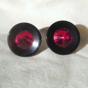 Vintage 80s Black Fuchsia Magenta Faux Gem Costume Statement Earrings